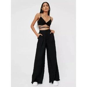 Nasty Gal Pants Black Plisse High Waisted Wide Leg Pockets